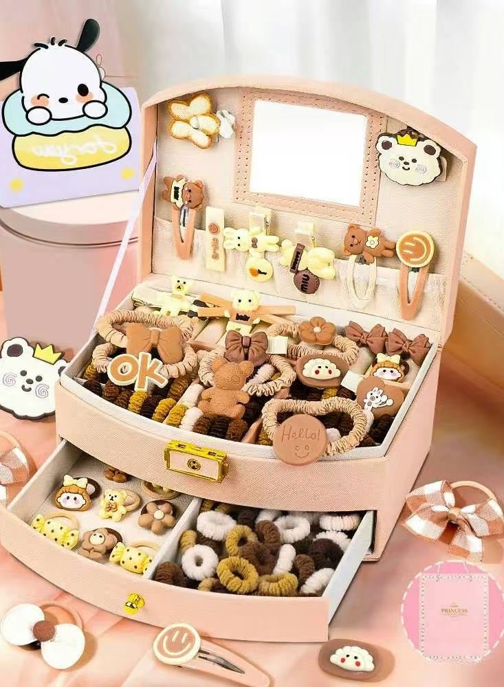 Hair Accessories Set with Gift Box Cute Hairpin Double Jewelry Storage Case with Hair Bands, Hair Ties, Hair Clips, Hair Elastic Bands, Cute Hairpin Jewelry Organizer Birthday Gift for Girls - Image 1