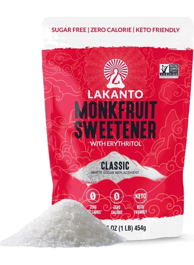 Lakanto Monk Fruit Sweetener With Erythritol, White Sugar Substitute From Monk Fruit Extract, Classic White Sugar Replacement for Baking, Coffee & Tea, Gluten Free, Low Carb, Non GMO, Keto, 1 LB Bag - Image 1