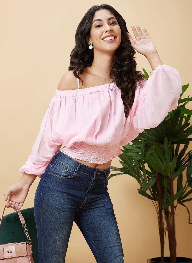 globus Globus Women Pink Off-Shoulder Cuffed Sleeve Smocked Bardot Crop Top