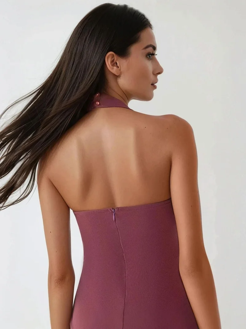 HICCUP Dusty Rose Pink Fitted Mini Dress with Square Collar for Women | Best Price UAE