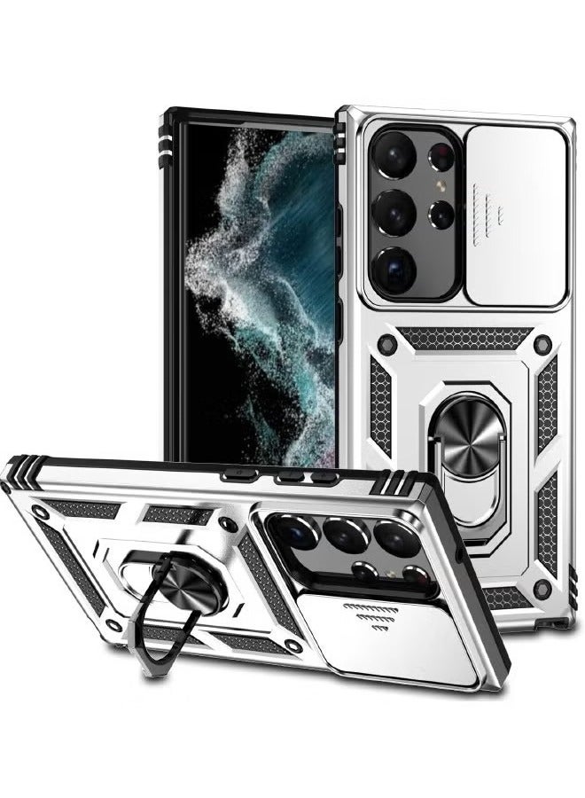 Samsung Galaxy S24 Ultra Case, Slide Camera Cover, Built-in 360° Rotate Ring Kickstand, Drop Proof Shockproof Test, Heavy Duty Shockproof Protective Case for Galaxy S24 Ultra 5G 2024, Sliver - Image 1