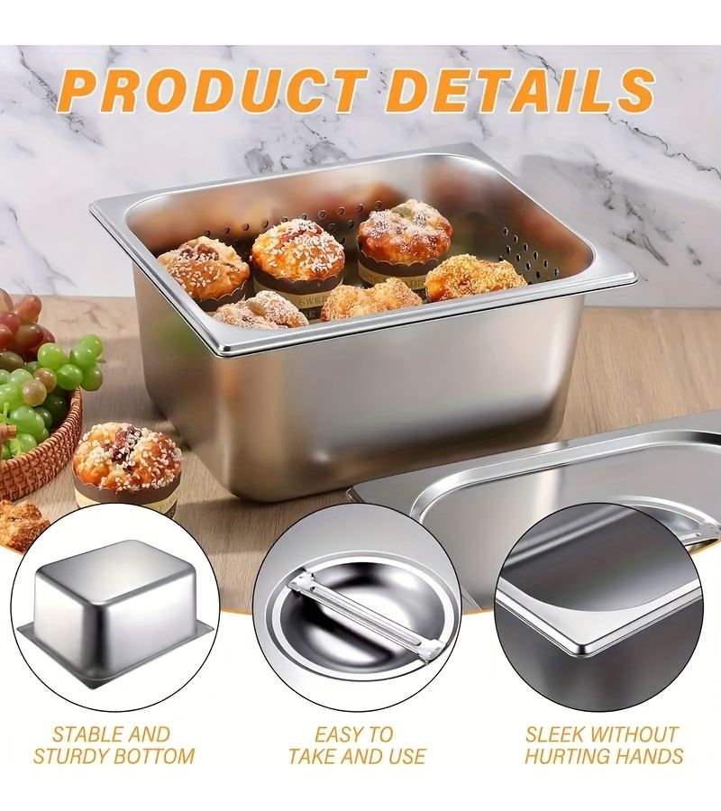 3pcs Silvery Stainless Steel 1 2 Size Perforated Steam Pan Hotel Prep Table Set - Image 2