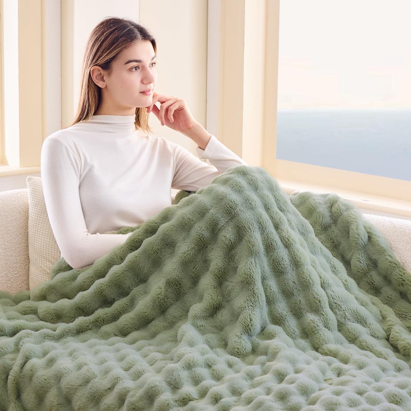 NEWCOSPLAY Faux Fur Twin Blanket Sage Green Bubble Blanket Thick Warm Soft for Couch Sofa Bed 550GSM (Sage Green  Twin(60""x80"")) - Image 3