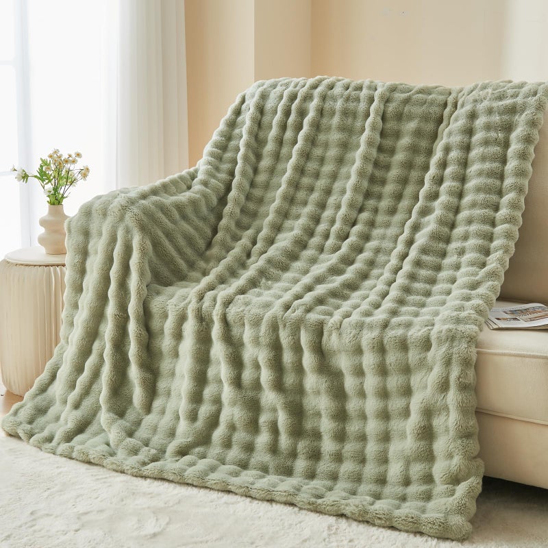 NEWCOSPLAY Faux Fur Twin Blanket Sage Green Bubble Blanket Thick Warm Soft for Couch Sofa Bed 550GSM (Sage Green  Twin(60""x80"")) - Image 1