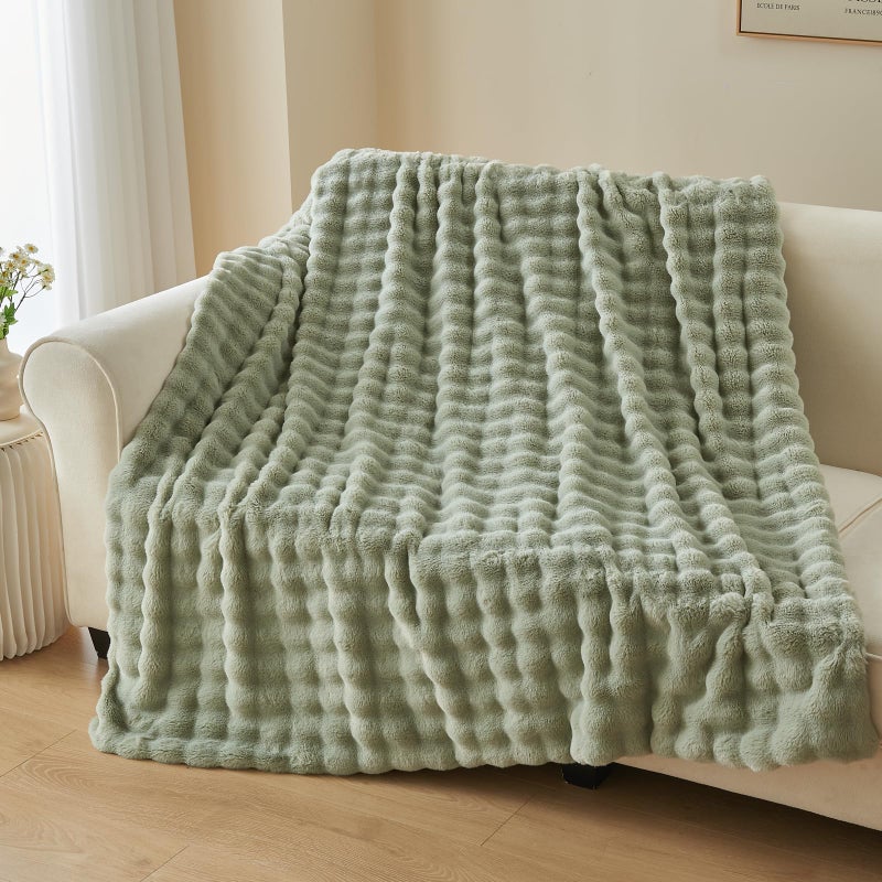 NEWCOSPLAY Faux Fur Twin Blanket Sage Green Bubble Blanket Thick Warm Soft for Couch Sofa Bed 550GSM (Sage Green  Twin(60""x80"")) - Image 2