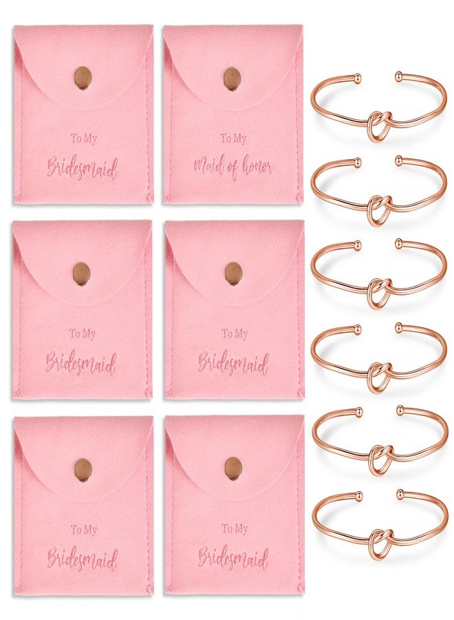 DHQH 6 Pcs Jewelry Bag Bridesmaid Bracelet Gifts, Set of 6 Microfiber Small Drawstring Bags with Bridesmaid Knot Bracelets, Bridal Party Favors (Pink) - Image 1