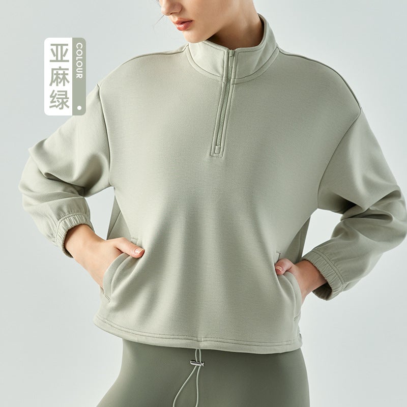Generic Stand Collar Zip Sweatshirt Slim Fit Womens Sports Linen Green