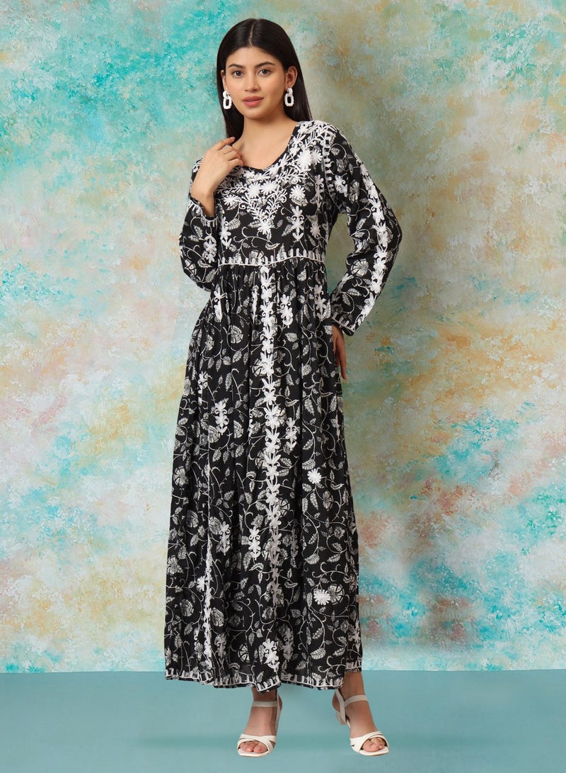 الايا جلابية مطبوعة بالقطن الململ مطرزة يدويًا لوكنوي شيكانكاري - Image 1