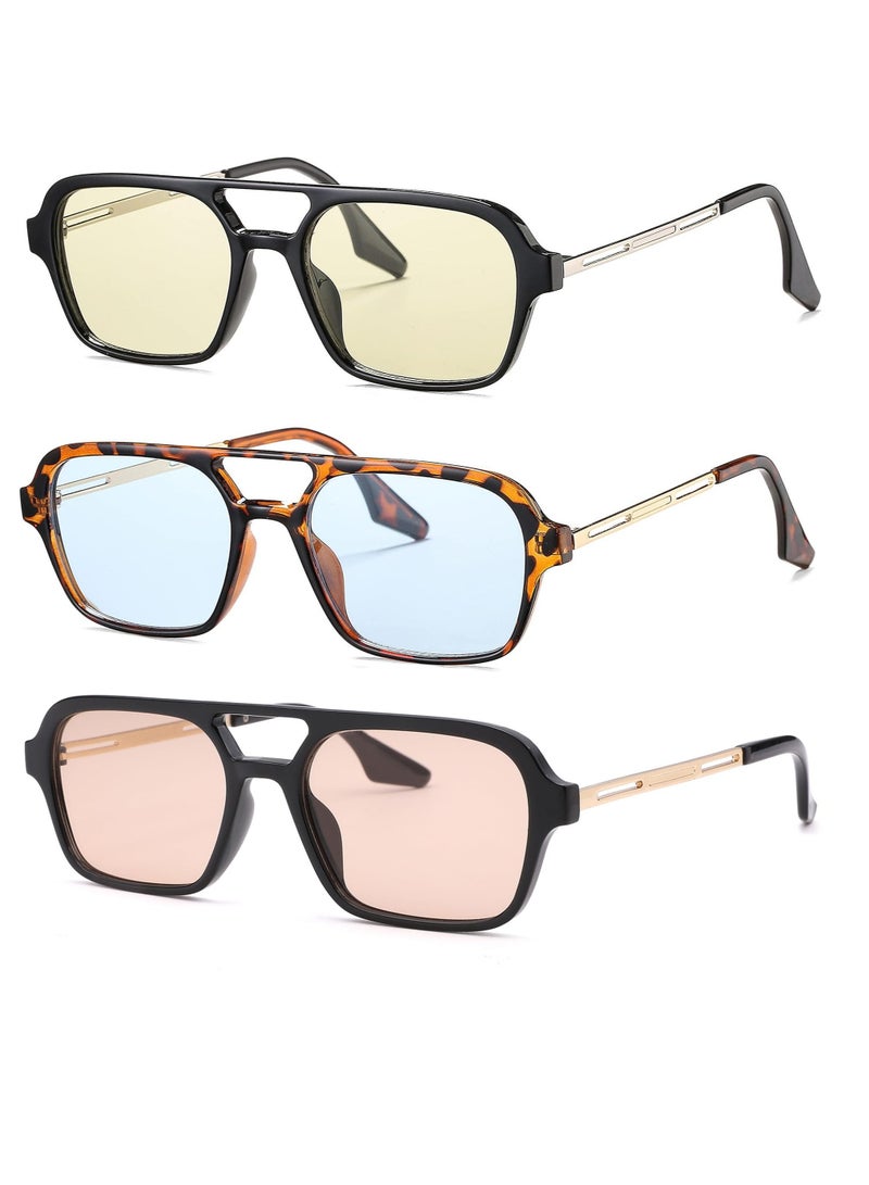 Zikra 3 Pc Vintage 70s Flat Aviator Sunglasses for Women Men, Retro Square Glasses UV400 Protection Shades - Image 1