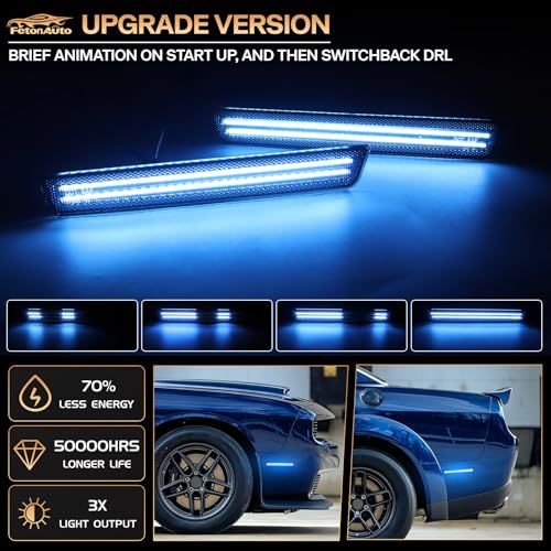 FetonAuto Dynamic Sequential Blue LED Side Marker Lights for 2015-2023 Dodge Challenger Front Rear Bumper Running Indicator Blinker, Smoked Lens 4PC - Image 2