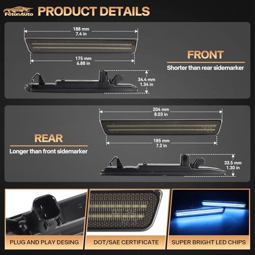 FetonAuto Dynamic Sequential Blue LED Side Marker Lights for 2015-2023 Dodge Challenger Front Rear Bumper Running Indicator Blinker, Smoked Lens 4PC - Image 3