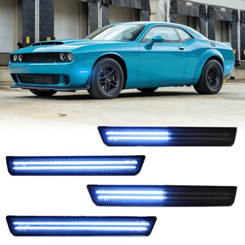 FetonAuto Dynamic Sequential Blue LED Side Marker Lights for 2015-2023 Dodge Challenger Front Rear Bumper Running Indicator Blinker, Smoked Lens 4PC - Image 1