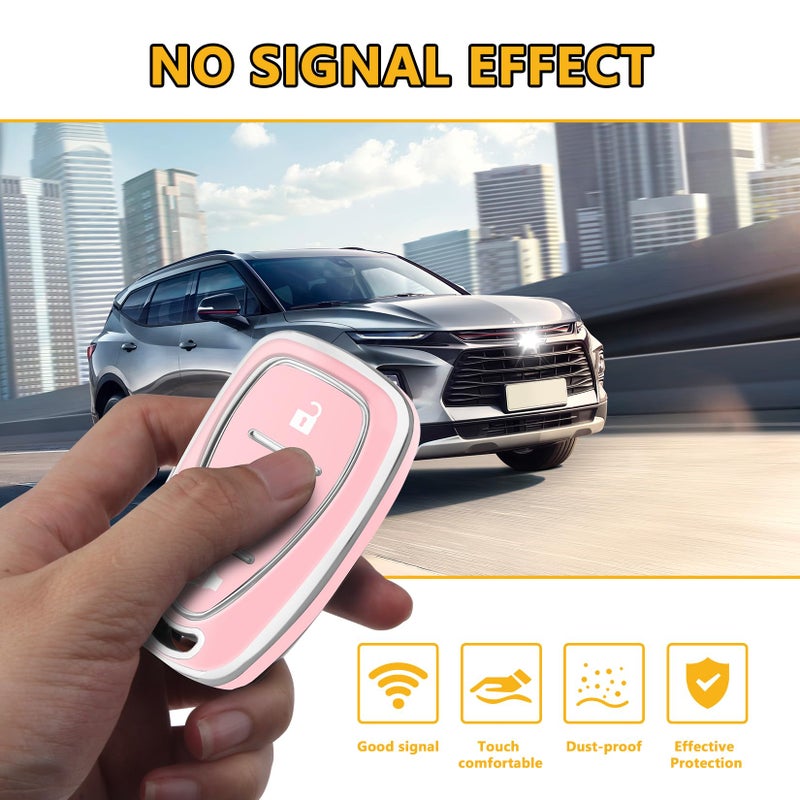 FT FUNTOR for Chevy Key Fob Cover,4 Buttons TPU Key Cover with Silver Edge,Compatible with Chevrolet Equinox Bolt Sonic Trax Blazer Trailblazer Cruze Traverse Volt with Keychain (B-Pink) - Image 3