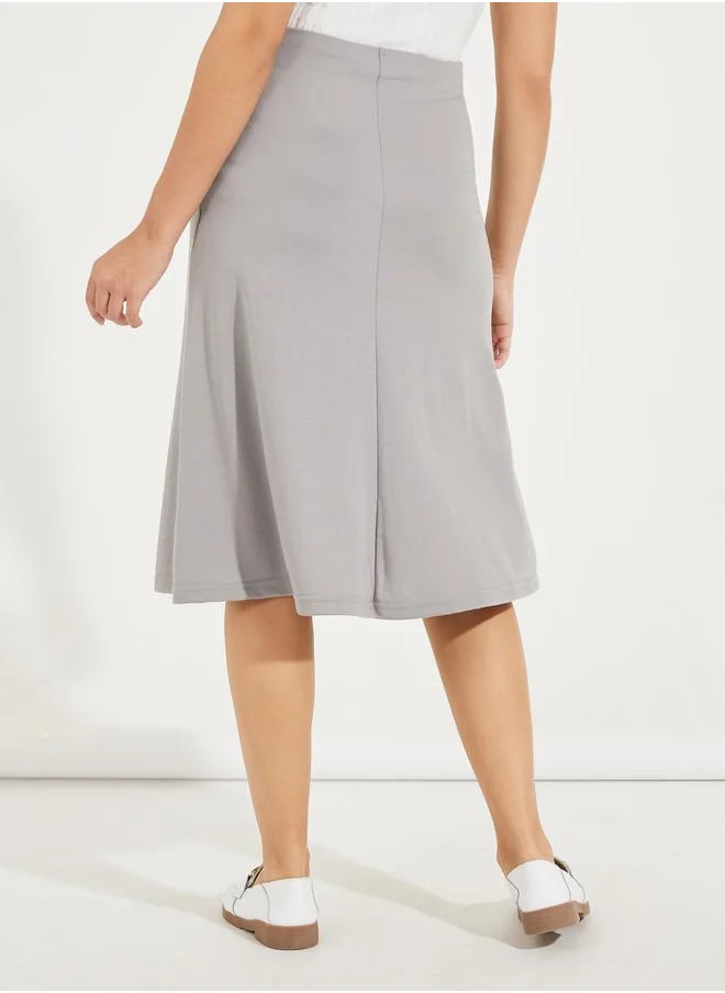 Styli Solid Flared Midi Skirt with Side Zip