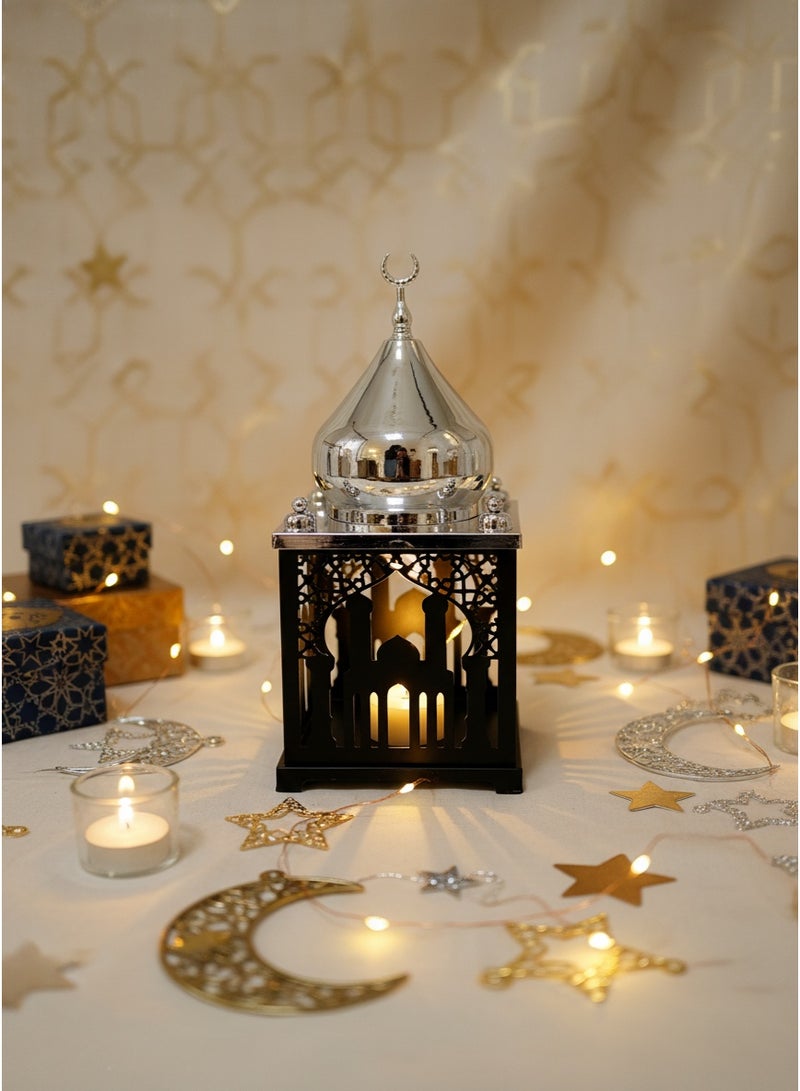 Living Black Islamic Ramadan Lantern with Silver Incense Burner - Image 1