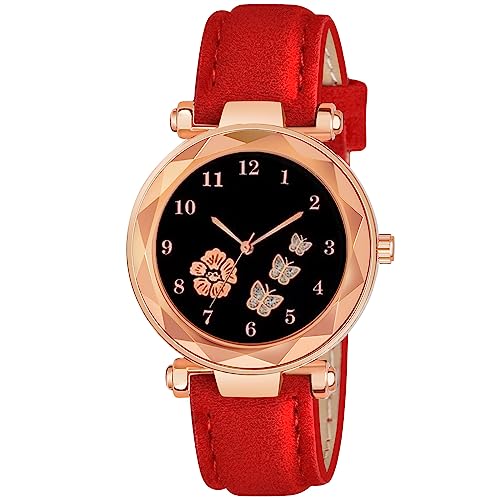 CERO Analogue New Flower Butterfly Print Dial Lathers Strap Girls and Womans Watches (Red) - Image 1