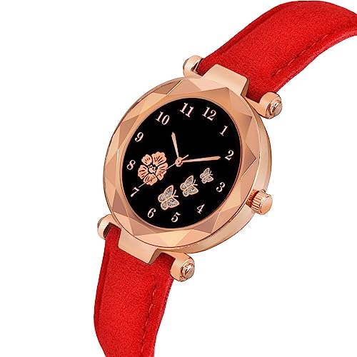 CERO Analogue New Flower Butterfly Print Dial Lathers Strap Girls and Womans Watches (Red) - Image 2