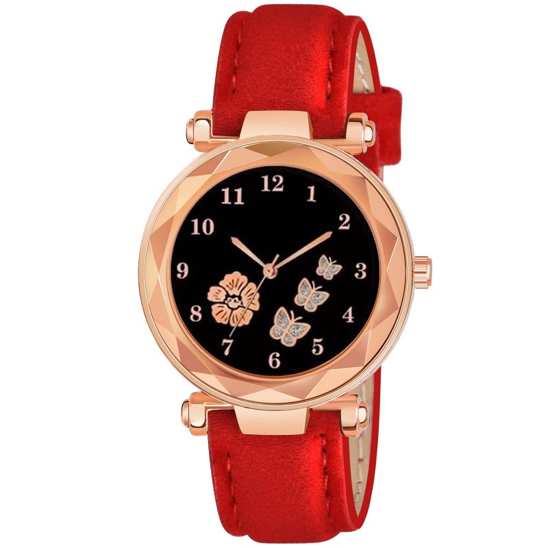 CERO Analogue New Flower Butterfly Print Dial Lathers Strap Girls and Womans Watches (Red) - Image 5