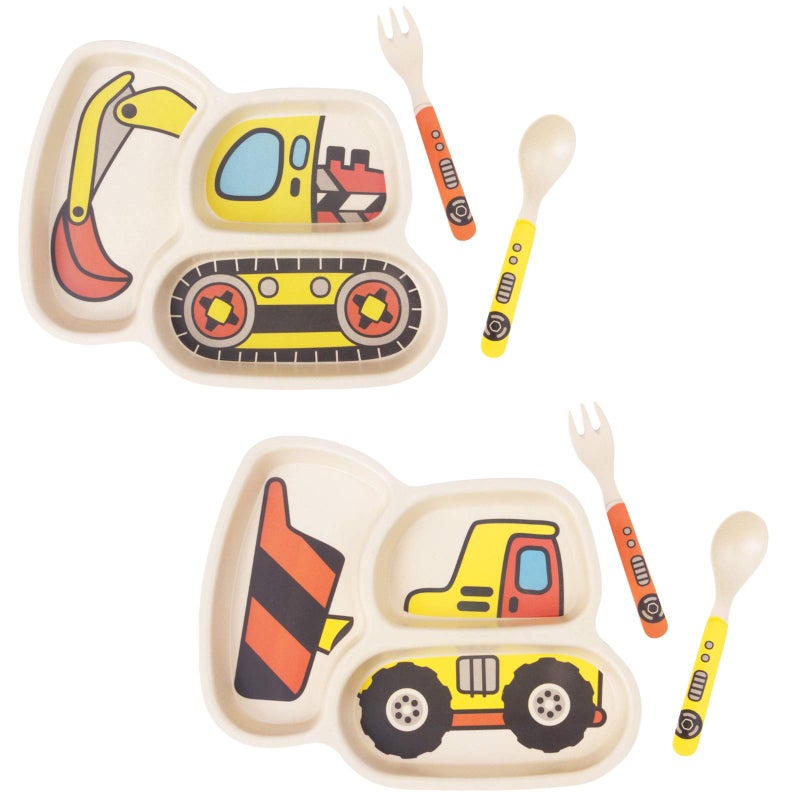 Lightening Toddler Plates Dinnerware Dinner Dish Set Baby Feeding Spill Proof Divided Plate  Baby Spoon and Fork 3Piece Set Teaches Child Portion Control excavatorbulldozer