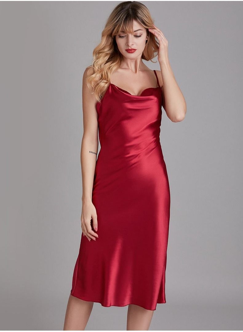 Loquat - Women's Elegant Solid Color Nightgown Slip Midi Dress Soft Loungewear Sleepwear Dress Wine Red - Image 1