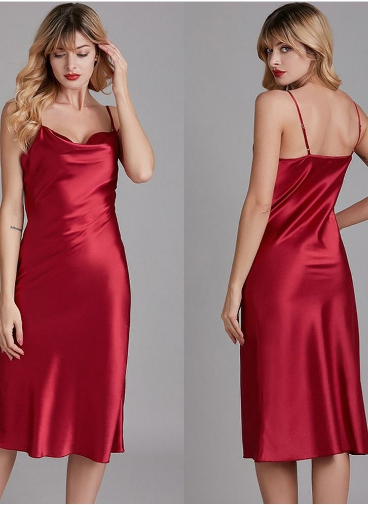 Loquat - Women's Elegant Solid Color Nightgown Slip Midi Dress Soft Loungewear Sleepwear Dress Wine Red - Image 1