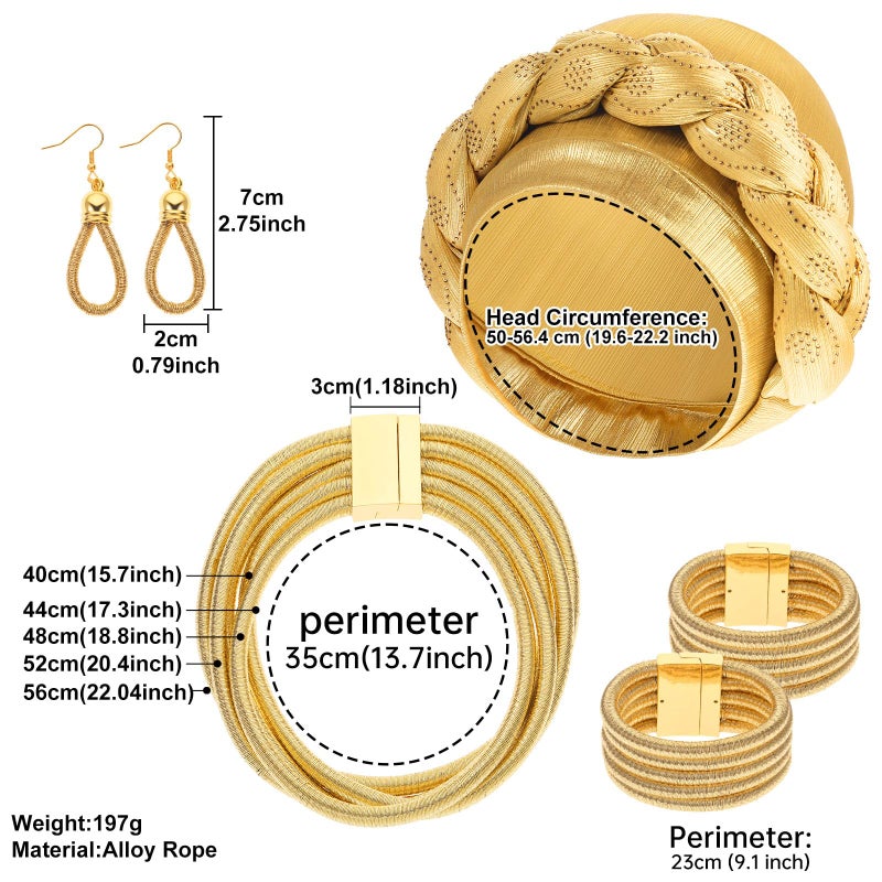 Newcotte 5 Pcs African Gold Jewelry Set for Women African Gold Turban Choker Earrings Bracelet Vintage Head Wrap Necklace Tribal Style Braid Beanie Cap Headwear for Halloween Party - Image 4