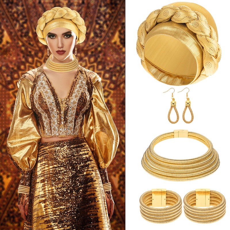 Newcotte 5 Pcs African Gold Jewelry Set for Women African Gold Turban Choker Earrings Bracelet Vintage Head Wrap Necklace Tribal Style Braid Beanie Cap Headwear for Halloween Party - Image 3