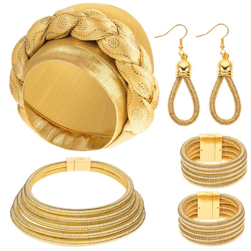 Newcotte 5 Pcs African Gold Jewelry Set for Women African Gold Turban Choker Earrings Bracelet Vintage Head Wrap Necklace Tribal Style Braid Beanie Cap Headwear for Halloween Party - Image 1