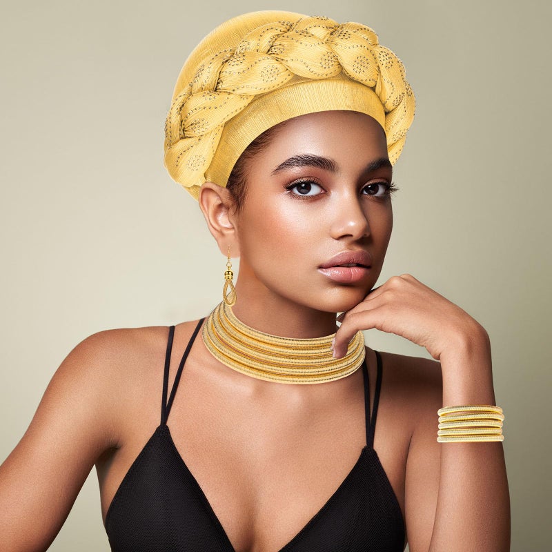 Newcotte 5 Pcs African Gold Jewelry Set for Women African Gold Turban Choker Earrings Bracelet Vintage Head Wrap Necklace Tribal Style Braid Beanie Cap Headwear for Halloween Party - Image 2