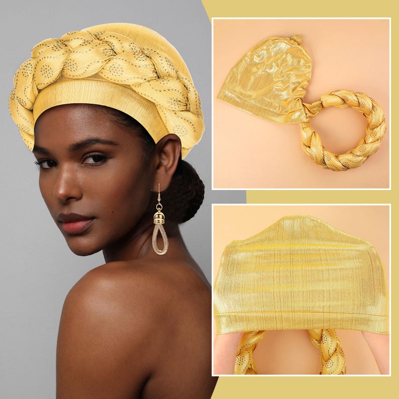 Newcotte 5 Pcs African Gold Jewelry Set for Women African Gold Turban Choker Earrings Bracelet Vintage Head Wrap Necklace Tribal Style Braid Beanie Cap Headwear for Halloween Party - Image 5