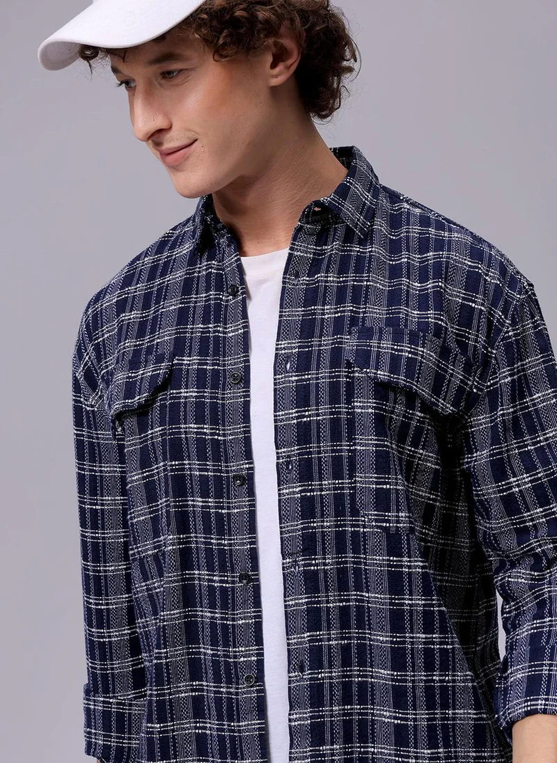 The Indian Garage Co Men Relaxed Fit Checkered Full Sleeves Cutaway Collar Double Flap Pocket Resort Wear Shirt