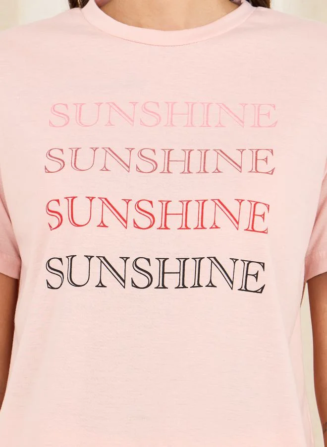 ستايلي Sunshine Slogan Print Drop Shoulder T-Shirt and Side Striped Cuff Pyjama Set