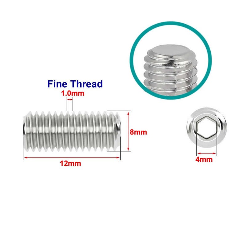 junter Store 30pcs M8-1.0 x 12mm Fine Thread Metric A2 Stainless Steel Flat Point Grub Hex Socket Set Screws Metric DIN913 - Image 2