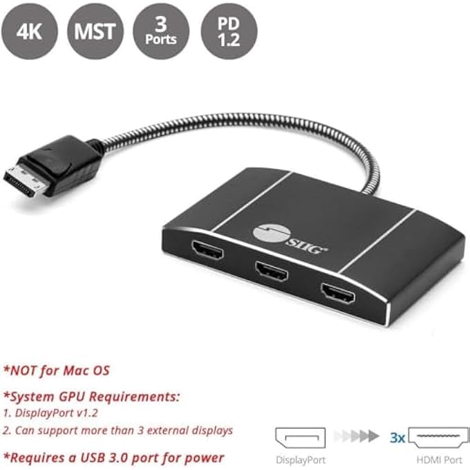 SIIG 4K 3 PORT DISPLAY PORT TO HDMI MST HUB 4K UHD - 1X3 DP TO HDMI MULTI MONITOR MULTI-STREAM TRANSPORT (MST) TECHNOLOGY SPLITTER - Image 3