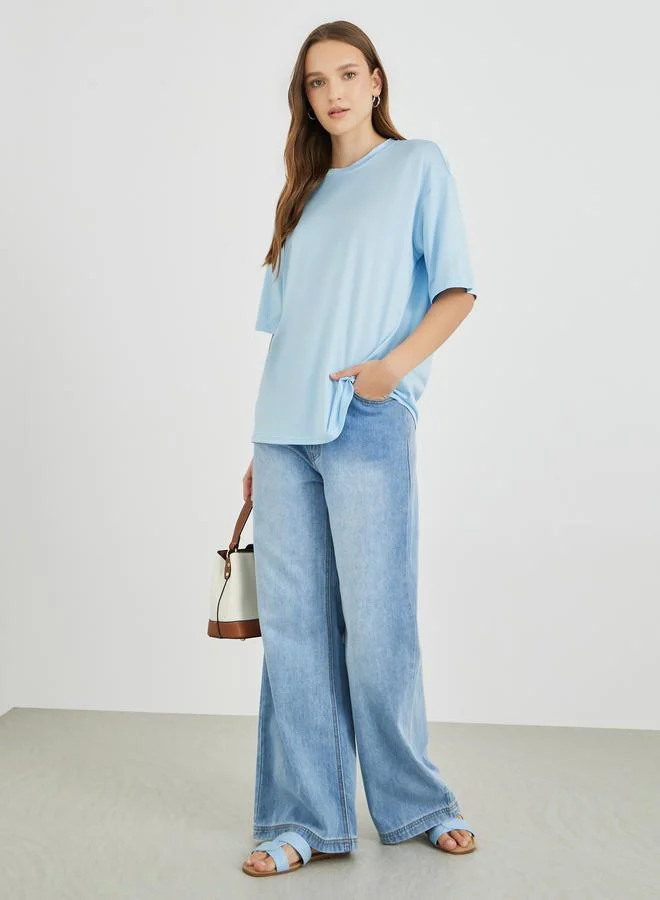 تايك تو Take Two Solid Oversized Round Neck T-Shirt