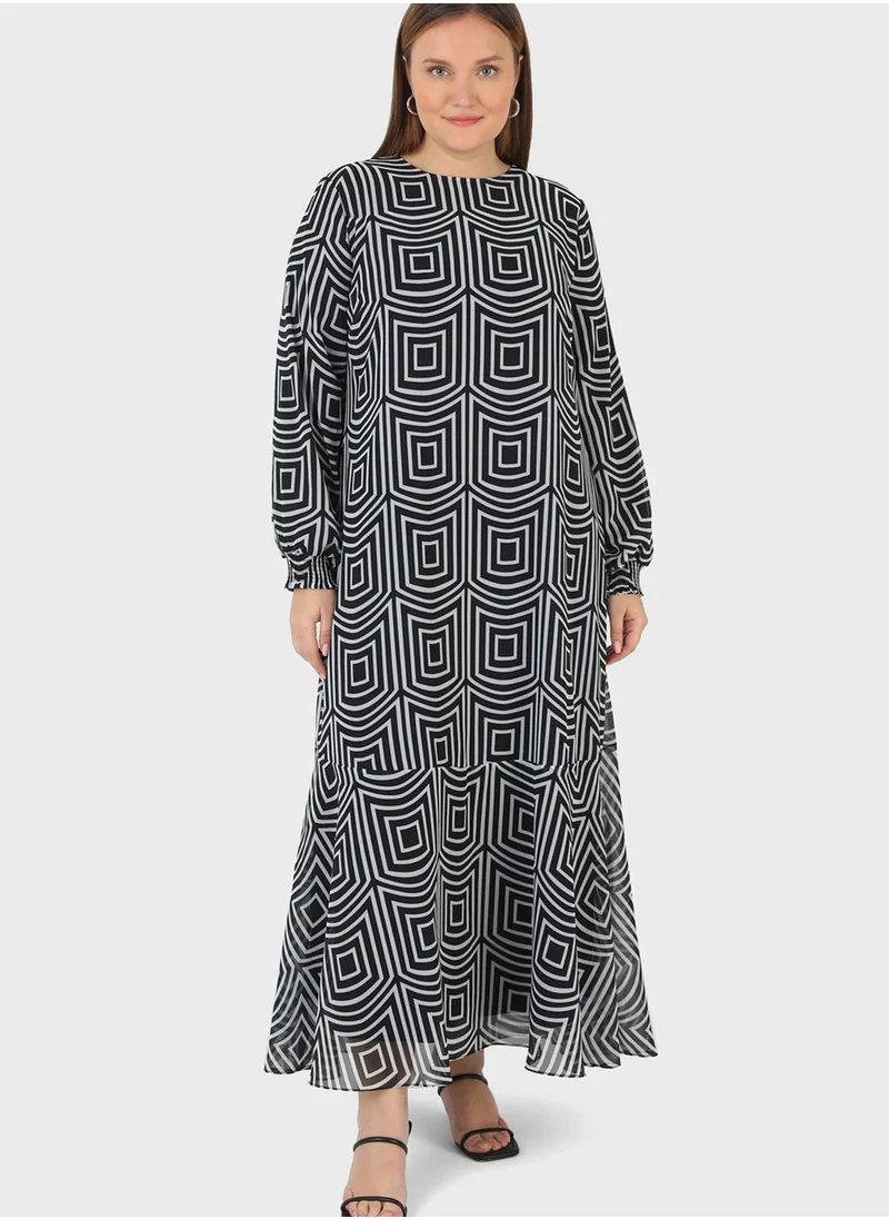 Alia by modanisa Puff Sleeve Printed Mesh Dress