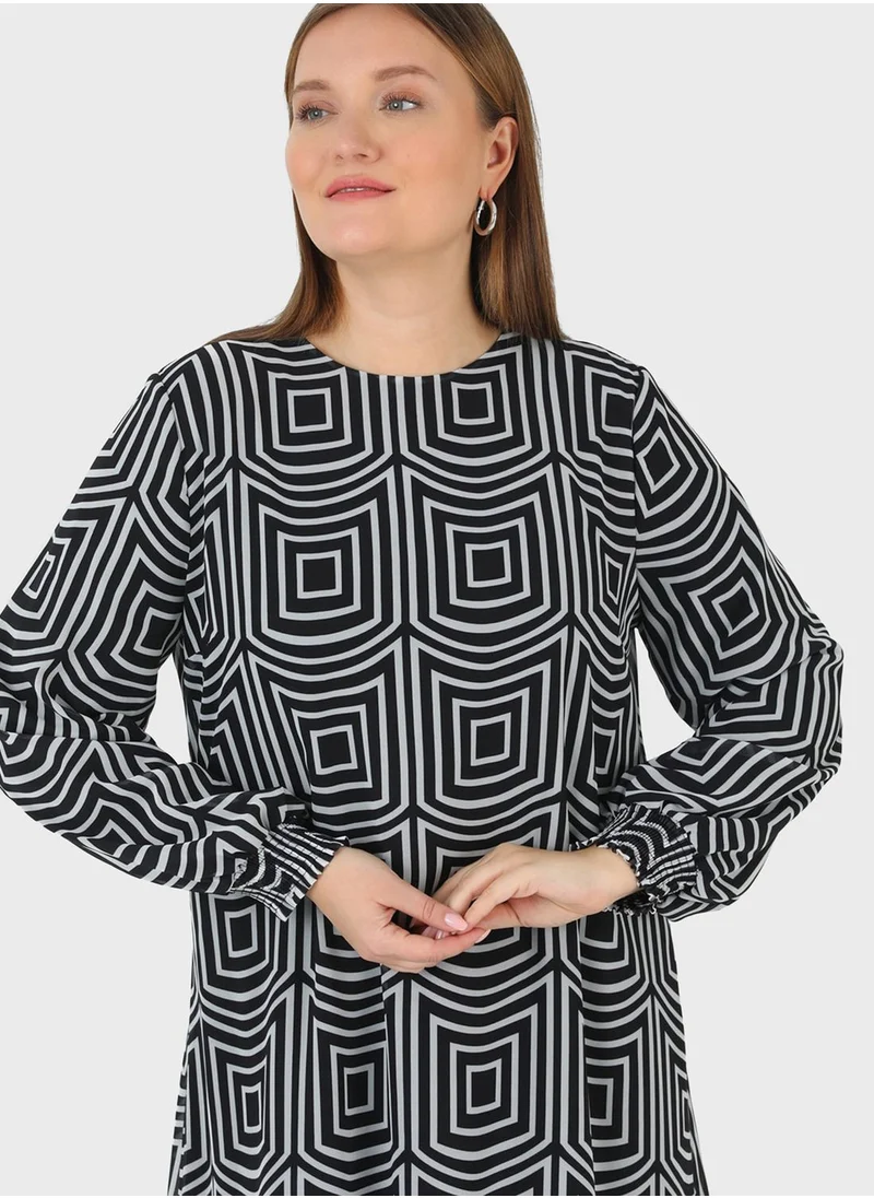 Alia by modanisa Puff Sleeve Printed Mesh Dress