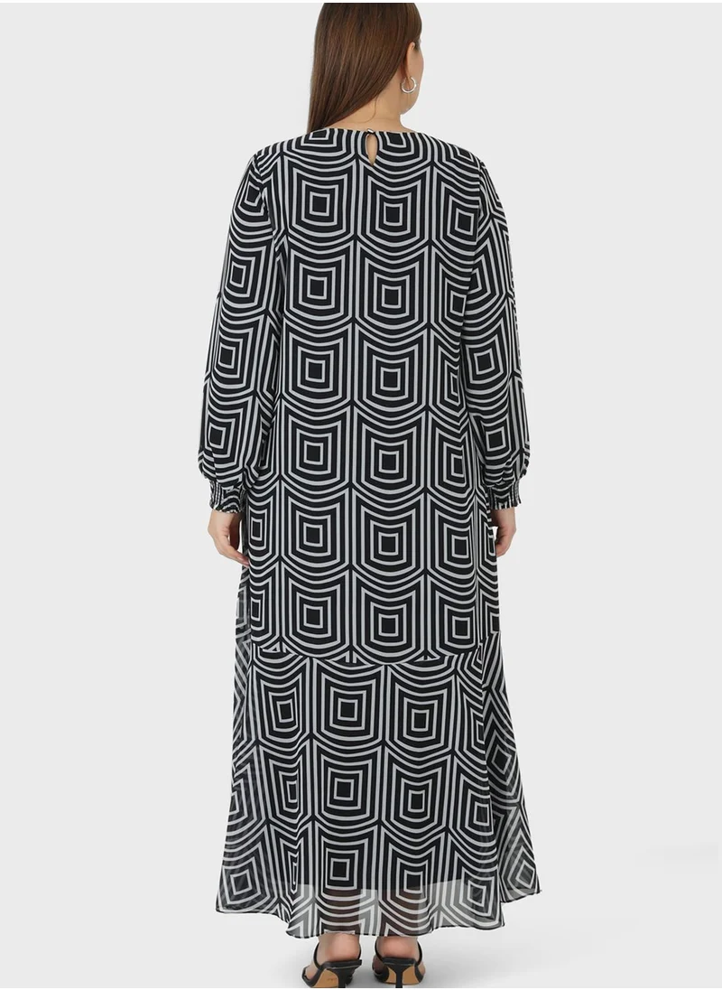 Alia by modanisa Puff Sleeve Printed Mesh Dress