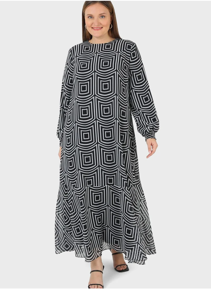 Alia by modanisa Puff Sleeve Printed Mesh Dress