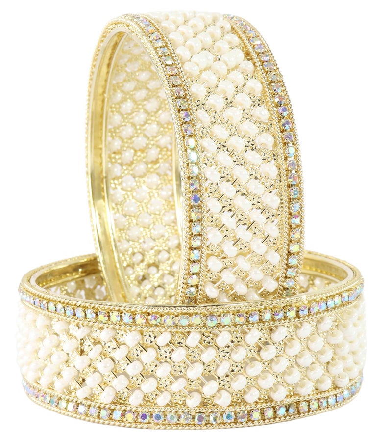 NMII Traditional Metal White Moti Pearls & Diamond Kada Bangles Set Women & Girls | Bridal Bangles | Kundan Bangles | Kangan For Women | Girls Kada | fashion Jewellery-(MAH110-Gold-2.4) - Image 1