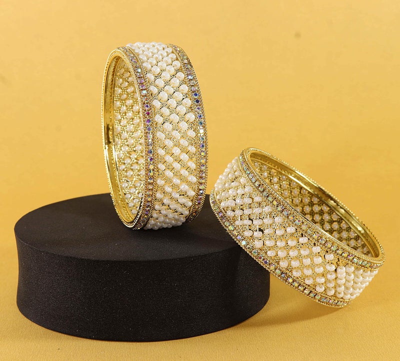 NMII Traditional Metal White Moti Pearls & Diamond Kada Bangles Set Women & Girls | Bridal Bangles | Kundan Bangles | Kangan For Women | Girls Kada | fashion Jewellery-(MAH110-Gold-2.4) - Image 2