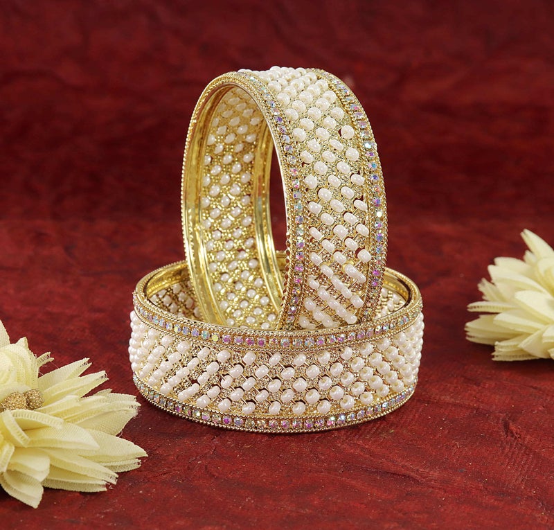 NMII Traditional Metal White Moti Pearls & Diamond Kada Bangles Set Women & Girls | Bridal Bangles | Kundan Bangles | Kangan For Women | Girls Kada | fashion Jewellery-(MAH110-Gold-2.4) - Image 4