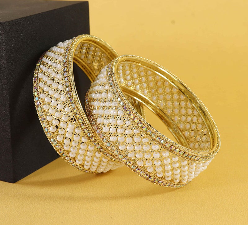 NMII Traditional Metal White Moti Pearls & Diamond Kada Bangles Set Women & Girls | Bridal Bangles | Kundan Bangles | Kangan For Women | Girls Kada | fashion Jewellery-(MAH110-Gold-2.4) - Image 3