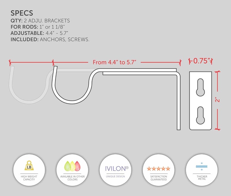 Ivilon Adjustable Brackets for Curtain Rods - for 1 or 1 1/8 Inch Rods. Set of 2 - Warm Gold - Image 3