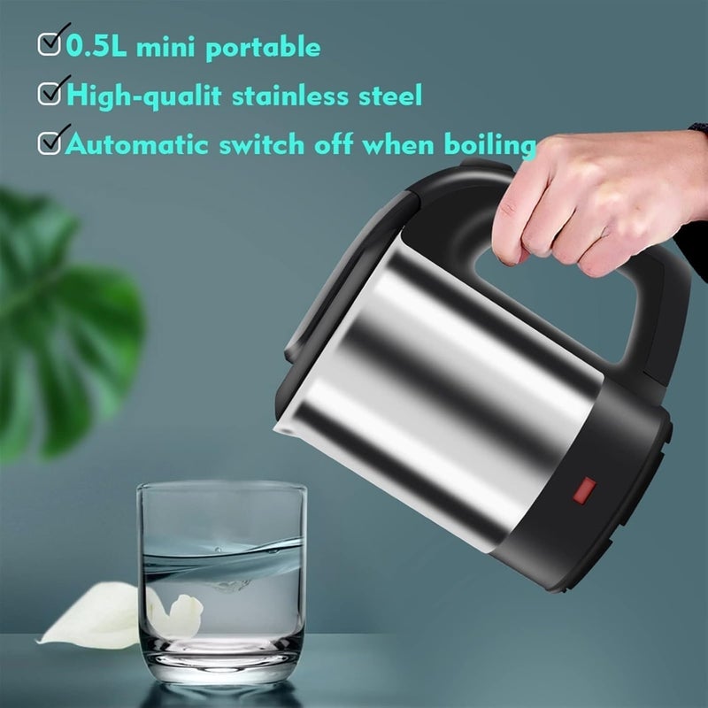 Derovan 0.5L Portable Electric Travel Kettle – 1000W Stainless Steel Interior, Auto Shut-Off & Boil-Dry Protection – Compact Travel Teapot for Tea, Coffee, Noodles (Black/Silver) - Image 5