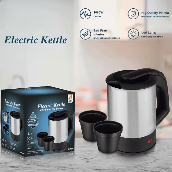 Derovan 0.5L Portable Electric Travel Kettle – 1000W Stainless Steel Interior, Auto Shut-Off & Boil-Dry Protection – Compact Travel Teapot for Tea, Coffee, Noodles (Black/Silver) - Image 2