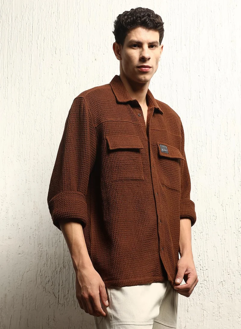 هوبرهولمي Men's Brown Cotton Blend Solid Pattern Button Down Oversized Shirt