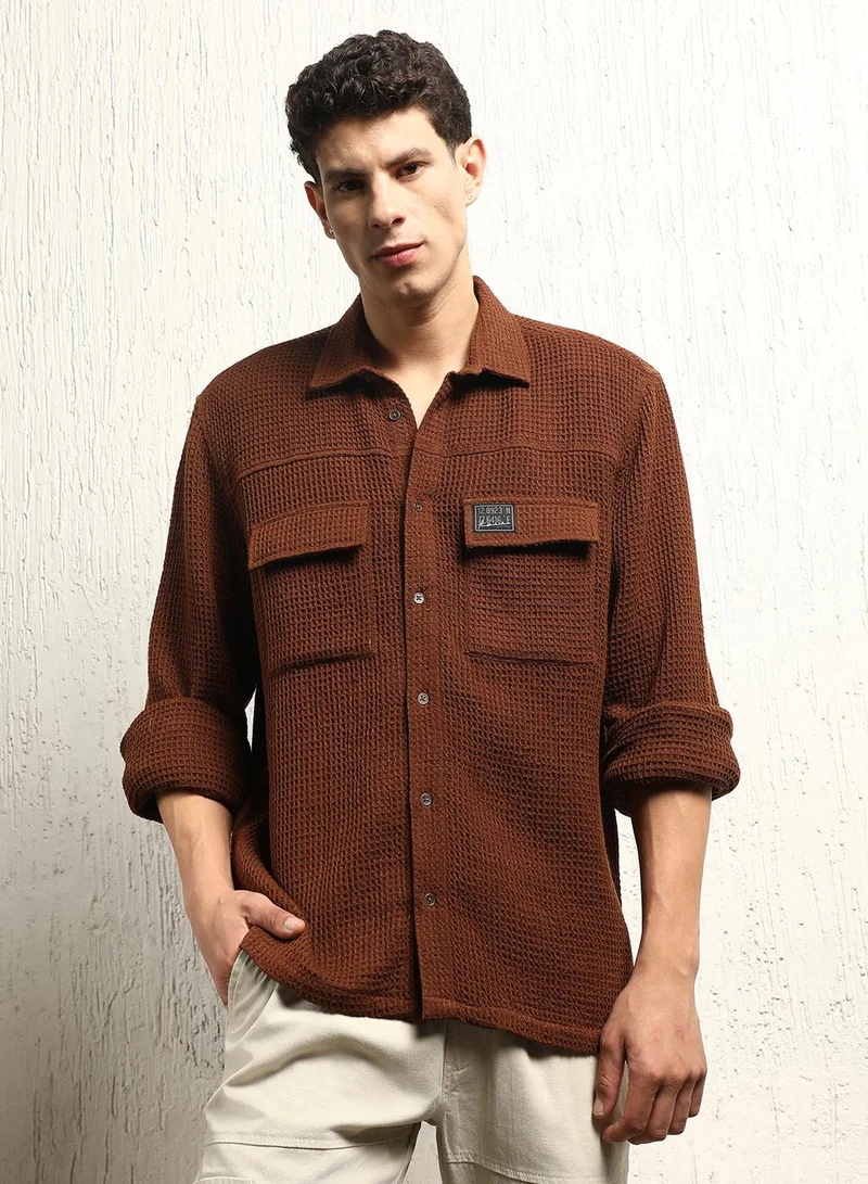 Hubberholme Men's Brown Cotton Blend Solid Pattern Button Down Oversized Shirt