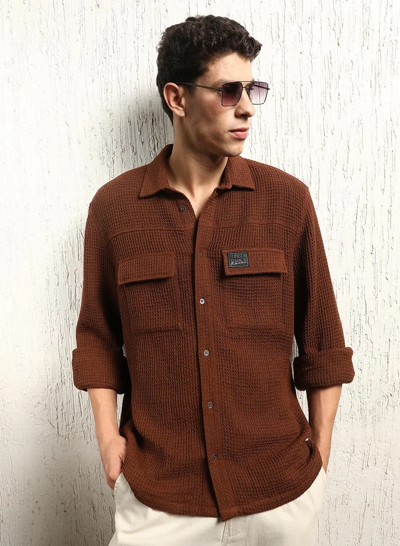 Hubberholme Men's Brown Cotton Blend Solid Pattern Button Down Oversized Shirt
