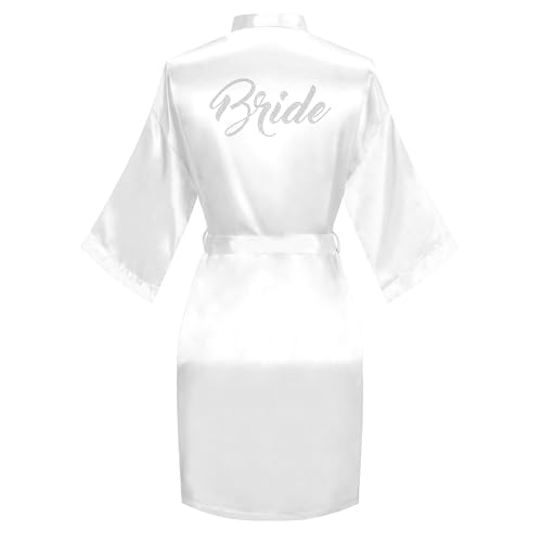 North Bund Women's Kimono Bride Bridesmaid Robes with Rhinestones Short Satin Bathrobes Wedding Party Getting Ready Day Bride White - Image 1